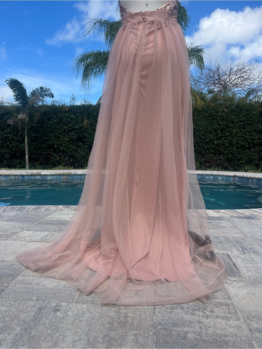 Plunge V-Neck Blush Pink Tulle Dress Prom - Picture 5 of 11